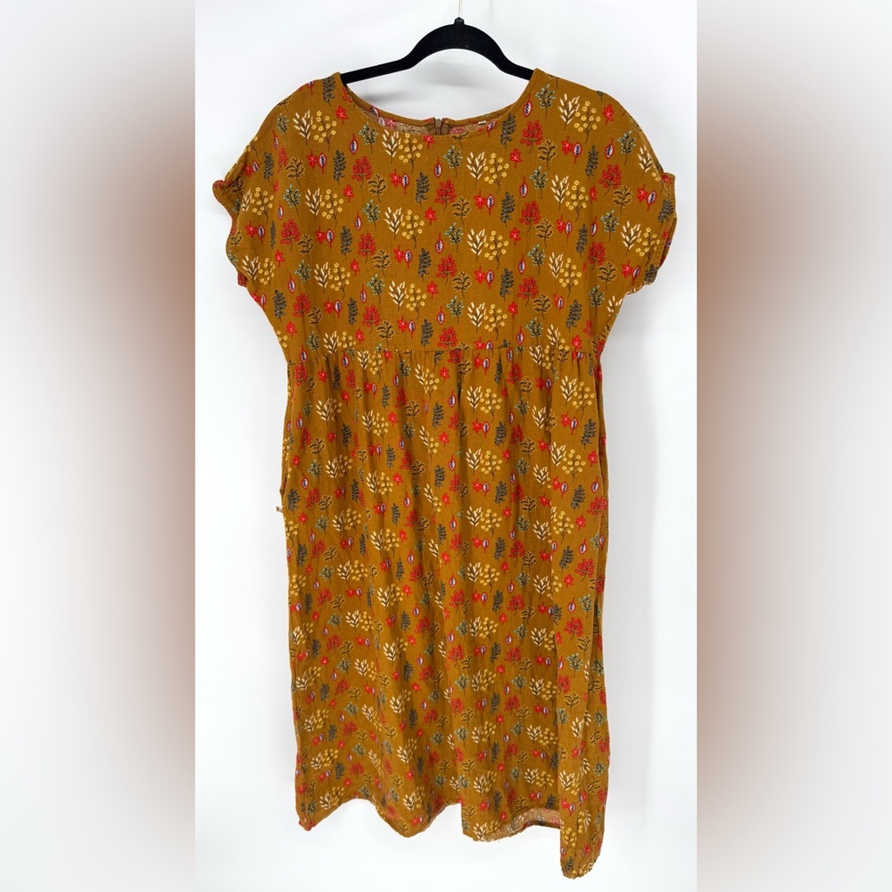 Whimsical, bohemian Soho Mustard Floral Midi Dress 2X w/ pockets